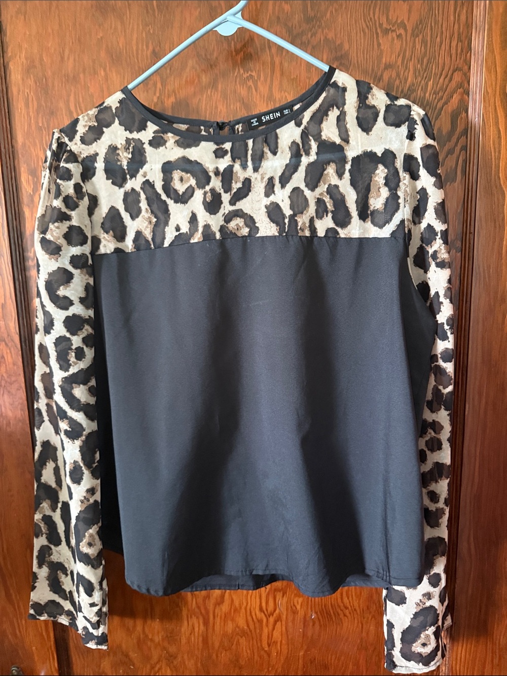 SHEIN Black Top with Beige and Black Leopard Panels